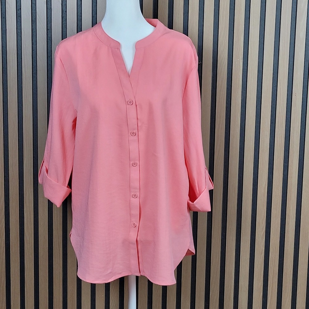 Mario Serrani Pink Linen Like Blouse Womens Roll Tab Sleeve Medium - NWT